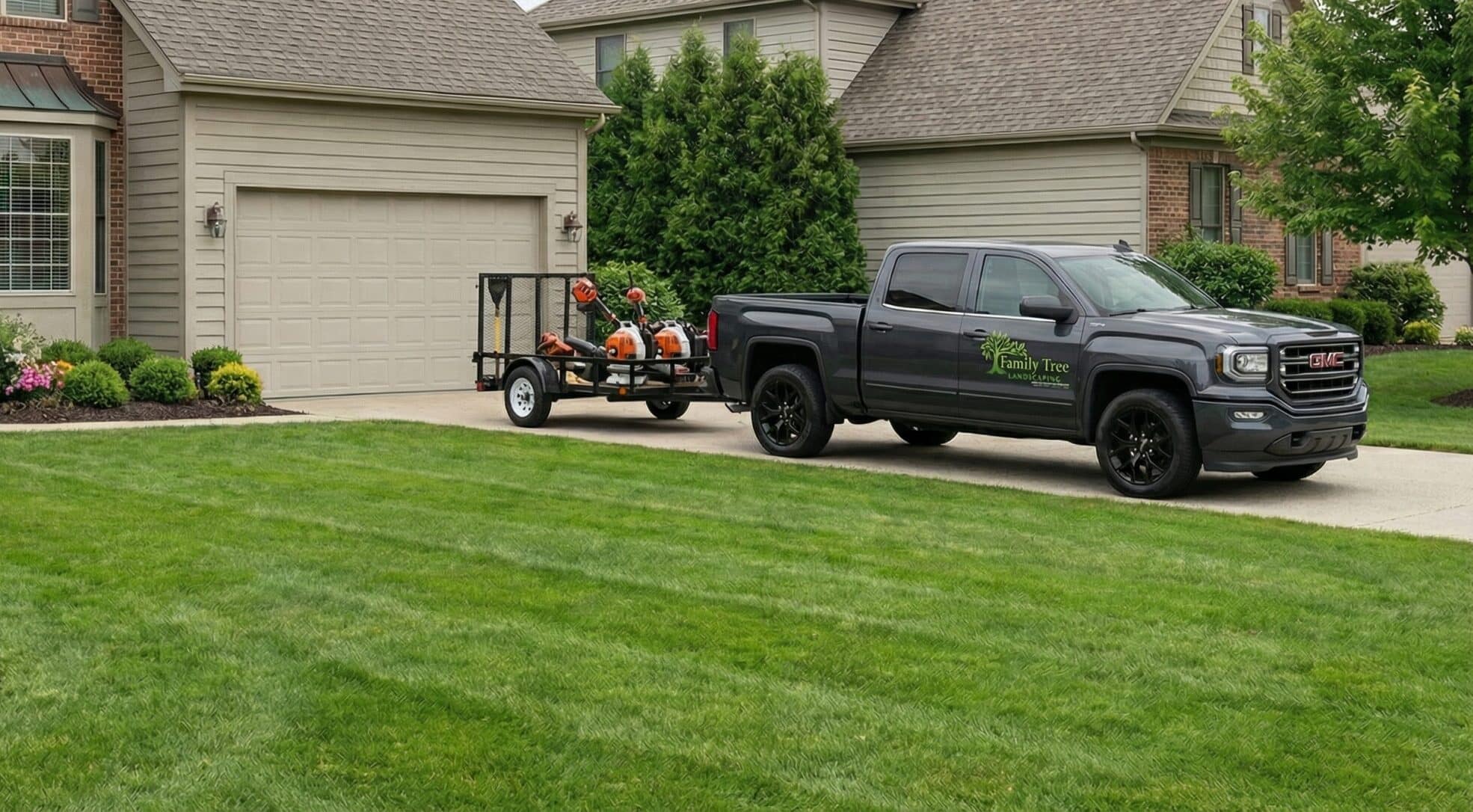 A gray pickup truck with a trailer carrying landscaping equipment is parked in the driveway of a suburban house with a well-manicured lawn.